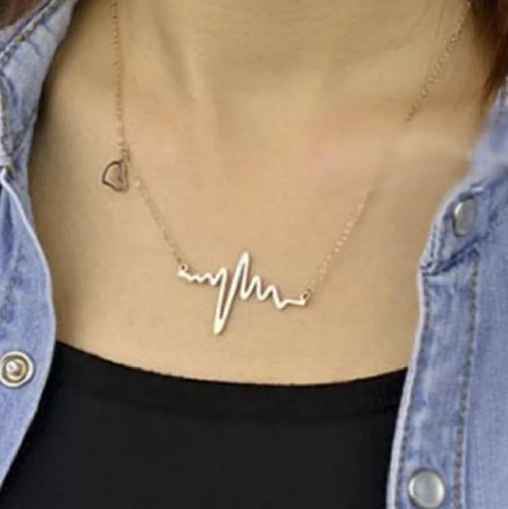 Gold Tone Heartbeat Rhythm Love EKG Necklace - Picture 2 of 4